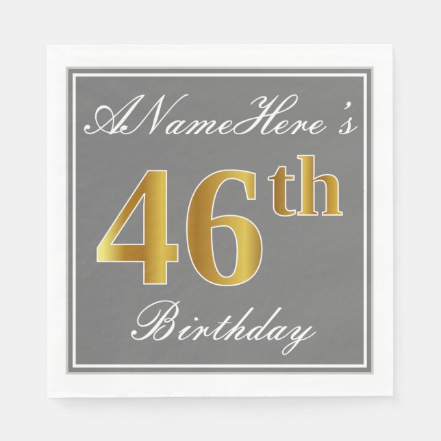 Elegant Grey, Faux Gold 46th Birthday; Custom Name Napkin (Front)