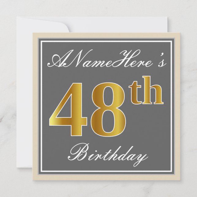 Elegant, Grey, Faux Gold 48th Birthday + Name Invitation (Front)