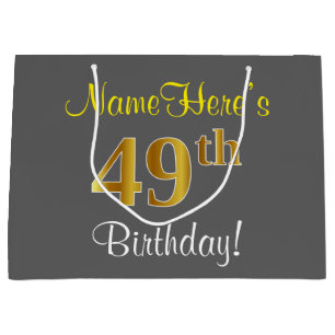 Elegant, Grey, Faux Gold 49th Birthday + Name Large Gift Bag