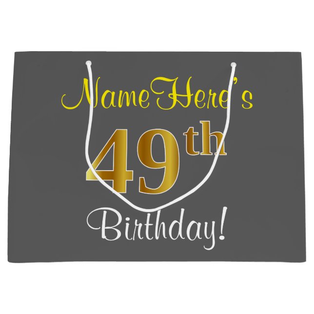 Elegant, Grey, Faux Gold 49th Birthday + Name Large Gift Bag (Front)