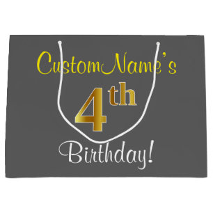 Elegant, Grey, Faux Gold 4th Birthday; Custom Name Large Gift Bag