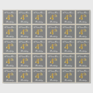Elegant, Grey, Faux Gold 4th Birthday; Custom Name Wrapping Paper