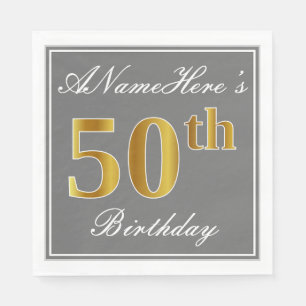Elegant Grey, Faux Gold 50th Birthday; Custom Name Napkin