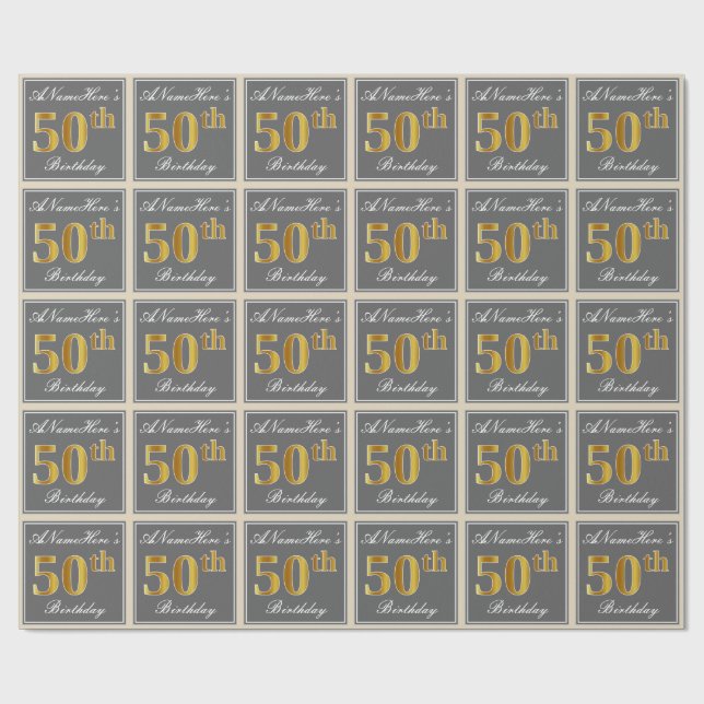 Elegant, Grey, Faux Gold 50th Birthday + Name Wrapping Paper (Flat)