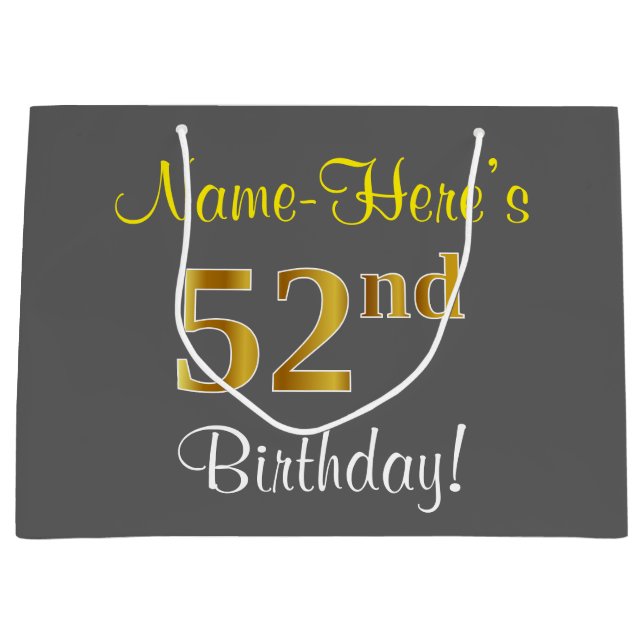 Elegant, Grey, Faux Gold 52nd Birthday + Name Large Gift Bag (Front)