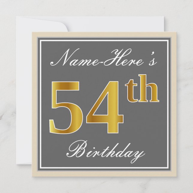 Elegant, Grey, Faux Gold 54th Birthday + Name Invitation (Front)