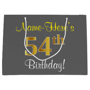 Elegant, Grey, Faux Gold 54th Birthday + Name Large Gift Bag