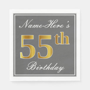 Elegant Grey, Faux Gold 55th Birthday; Custom Name Napkin