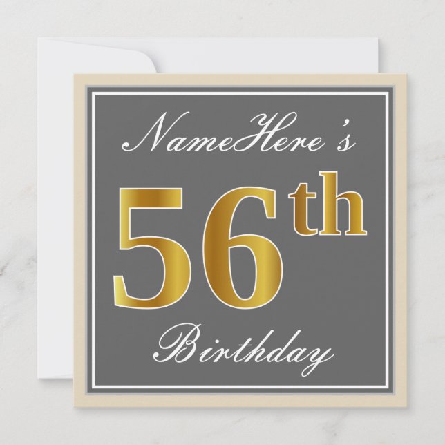 Elegant, Grey, Faux Gold 56th Birthday + Name Invitation (Front)