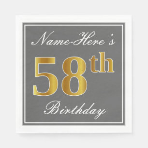 Elegant Grey, Faux Gold 58th Birthday; Custom Name Napkin