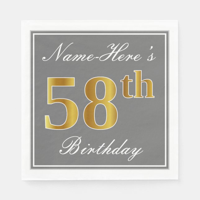 Elegant Grey, Faux Gold 58th Birthday; Custom Name Napkin (Front)