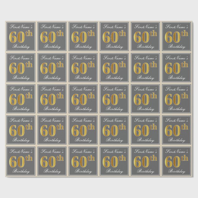 Elegant, Grey, Faux Gold 60th Birthday + Name Wrapping Paper (Flat)
