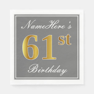 Elegant Grey, Faux Gold 61st Birthday; Custom Name Napkin