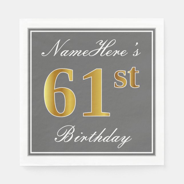 Elegant Grey, Faux Gold 61st Birthday; Custom Name Napkin (Front)