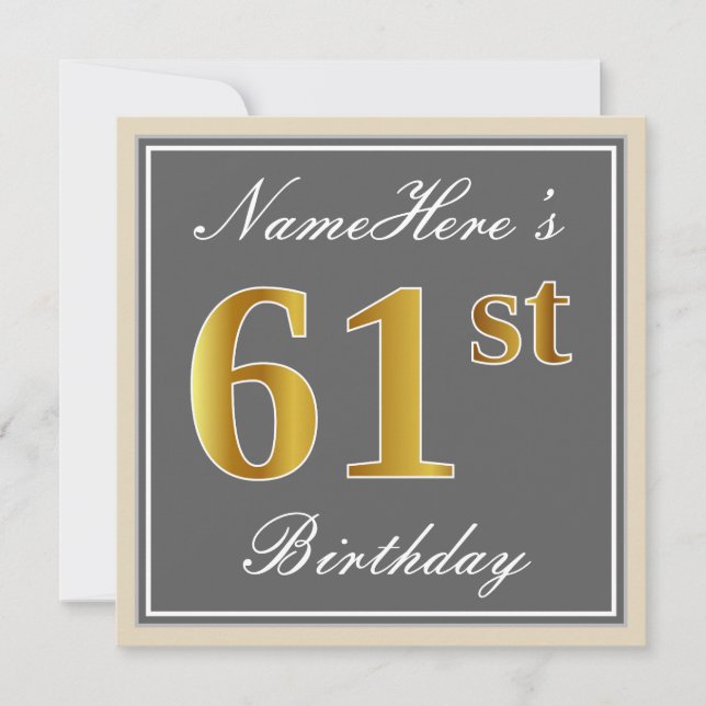 Elegant, Grey, Faux Gold 61st Birthday + Name Invitation (Front)