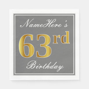 Elegant Grey, Faux Gold 63rd Birthday; Custom Name Napkin