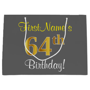 Elegant, Grey, Faux Gold 64th Birthday + Name Large Gift Bag