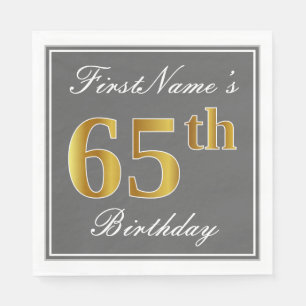 Elegant Grey, Faux Gold 65th Birthday; Custom Name Napkin
