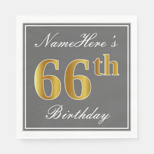 Elegant Grey, Faux Gold 66th Birthday; Custom Name Napkin (Front)