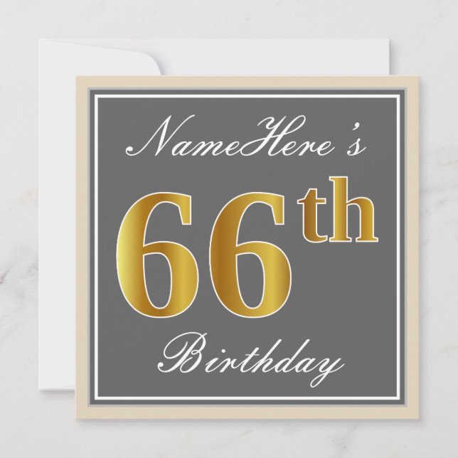 Elegant, Grey, Faux Gold 66th Birthday + Name Invitation (Front)