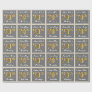 Elegant, Grey, Faux Gold 70th Birthday + Name Wrapping Paper