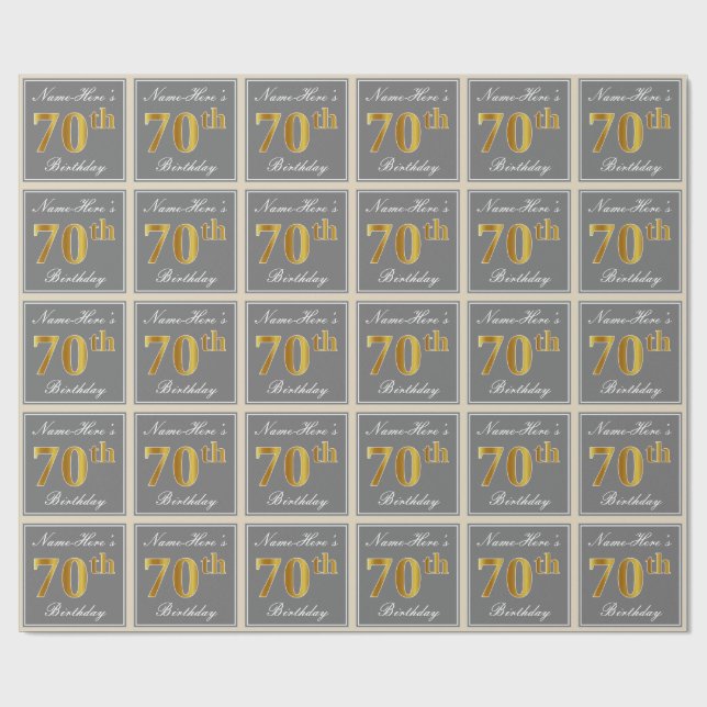 Elegant, Grey, Faux Gold 70th Birthday + Name Wrapping Paper (Flat)