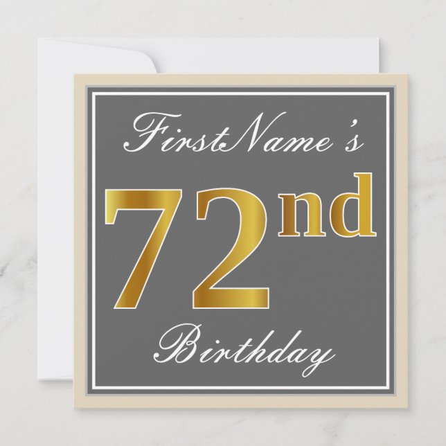 Elegant, Grey, Faux Gold 72nd Birthday + Name Invitation (Front)
