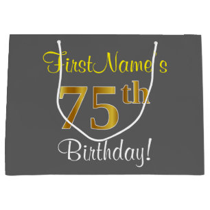 Elegant, Grey, Faux Gold 75th Birthday + Name Large Gift Bag