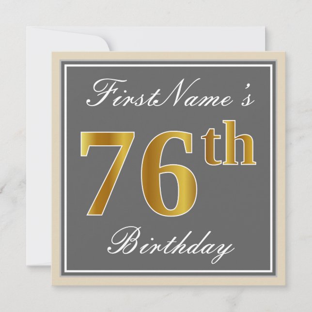 Elegant, Grey, Faux Gold 76th Birthday + Name Invitation (Front)