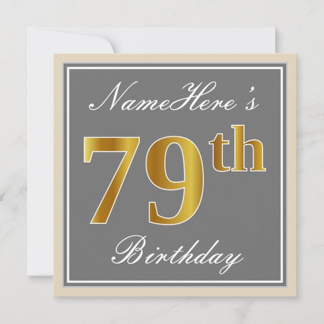 Elegant, Grey, Faux Gold 79th Birthday + Name Invitation (Front)