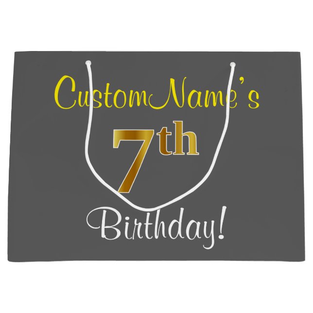 Elegant, Grey, Faux Gold 7th Birthday; Custom Name Large Gift Bag (Front)