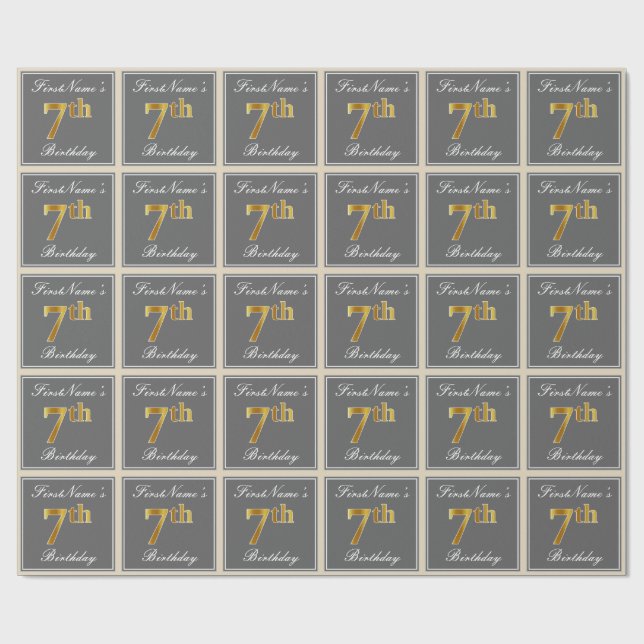 Elegant, Grey, Faux Gold 7th Birthday; Custom Name Wrapping Paper (Flat)