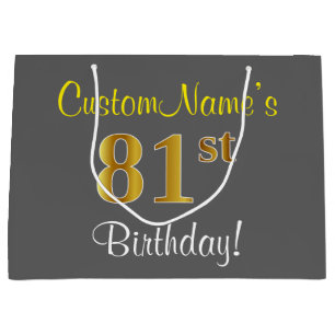 Elegant, Grey, Faux Gold 81st Birthday + Name Large Gift Bag