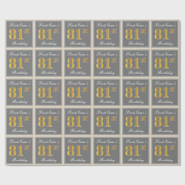 Elegant, Grey, Faux Gold 81st Birthday + Name Wrapping Paper (Flat)