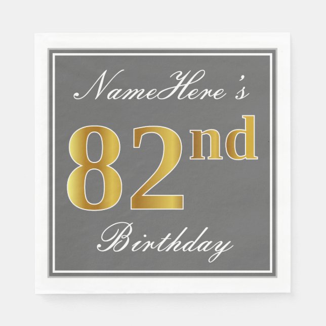 Elegant Grey, Faux Gold 82nd Birthday; Custom Name Napkin (Front)