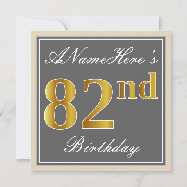 Elegant, Grey, Faux Gold 82nd Birthday + Name Invitation (Front)