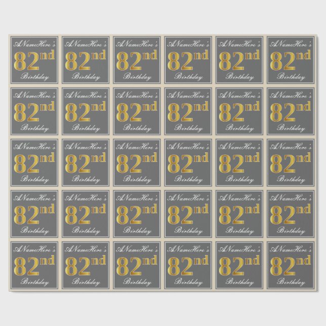 Elegant, Grey, Faux Gold 82nd Birthday + Name Wrapping Paper (Flat)