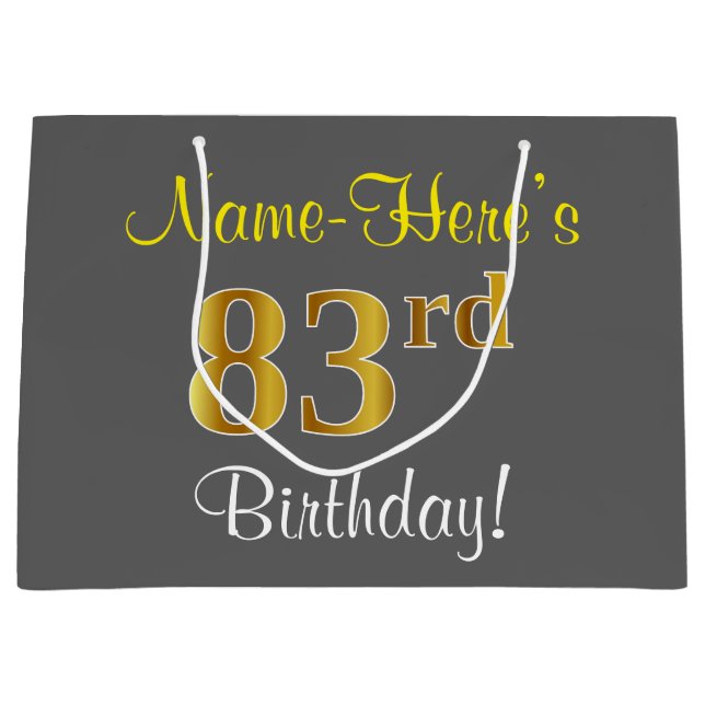 Elegant, Grey, Faux Gold 83rd Birthday + Name Large Gift Bag (Front)