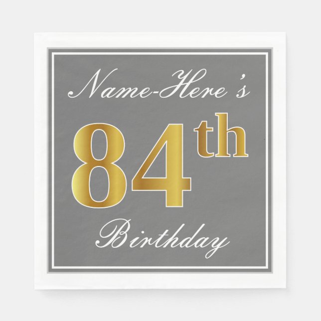 Elegant Grey, Faux Gold 84th Birthday; Custom Name Napkin (Front)