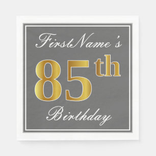 Elegant Grey, Faux Gold 85th Birthday; Custom Name Napkin