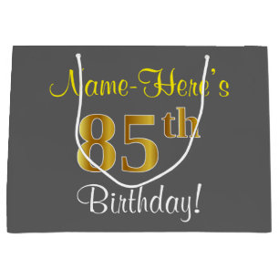 Elegant, Grey, Faux Gold 85th Birthday + Name Large Gift Bag