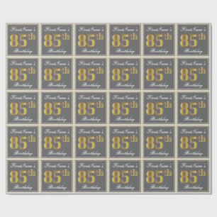 Elegant, Grey, Faux Gold 85th Birthday + Name Wrapping Paper