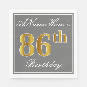 Elegant Grey, Faux Gold 86th Birthday; Custom Name Napkin