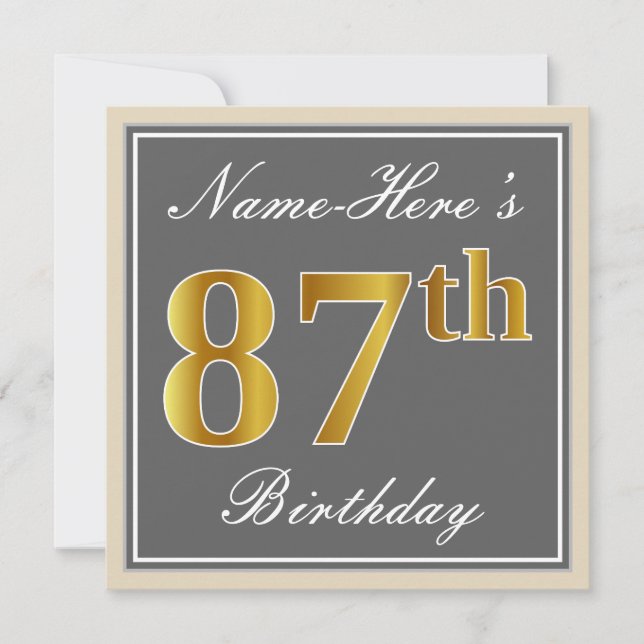Elegant, Grey, Faux Gold 87th Birthday + Name Invitation (Front)
