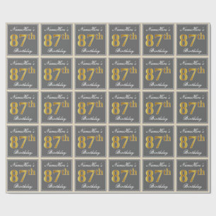 Elegant, Grey, Faux Gold 87th Birthday + Name Wrapping Paper