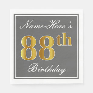 Elegant Grey, Faux Gold 88th Birthday; Custom Name Napkin