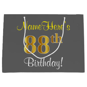 Elegant, Grey, Faux Gold 88th Birthday + Name Large Gift Bag