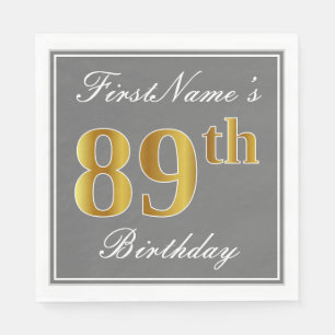 Elegant Grey, Faux Gold 89th Birthday; Custom Name Napkin