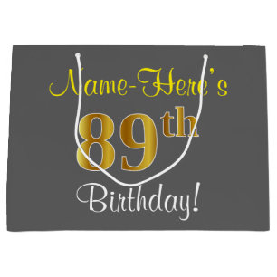 Elegant, Grey, Faux Gold 89th Birthday + Name Large Gift Bag