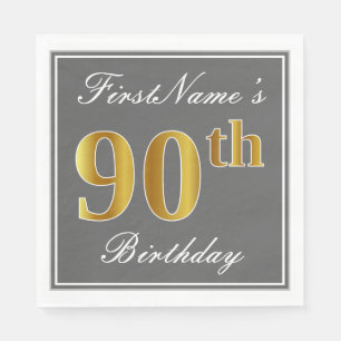 Elegant Grey, Faux Gold 90th Birthday; Custom Name Napkin